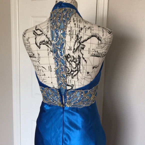 ✈️Satin Train Bead Halter Embellish Mermaid T-strap Flare Gown Wedding colorful - Picture 7 of 8